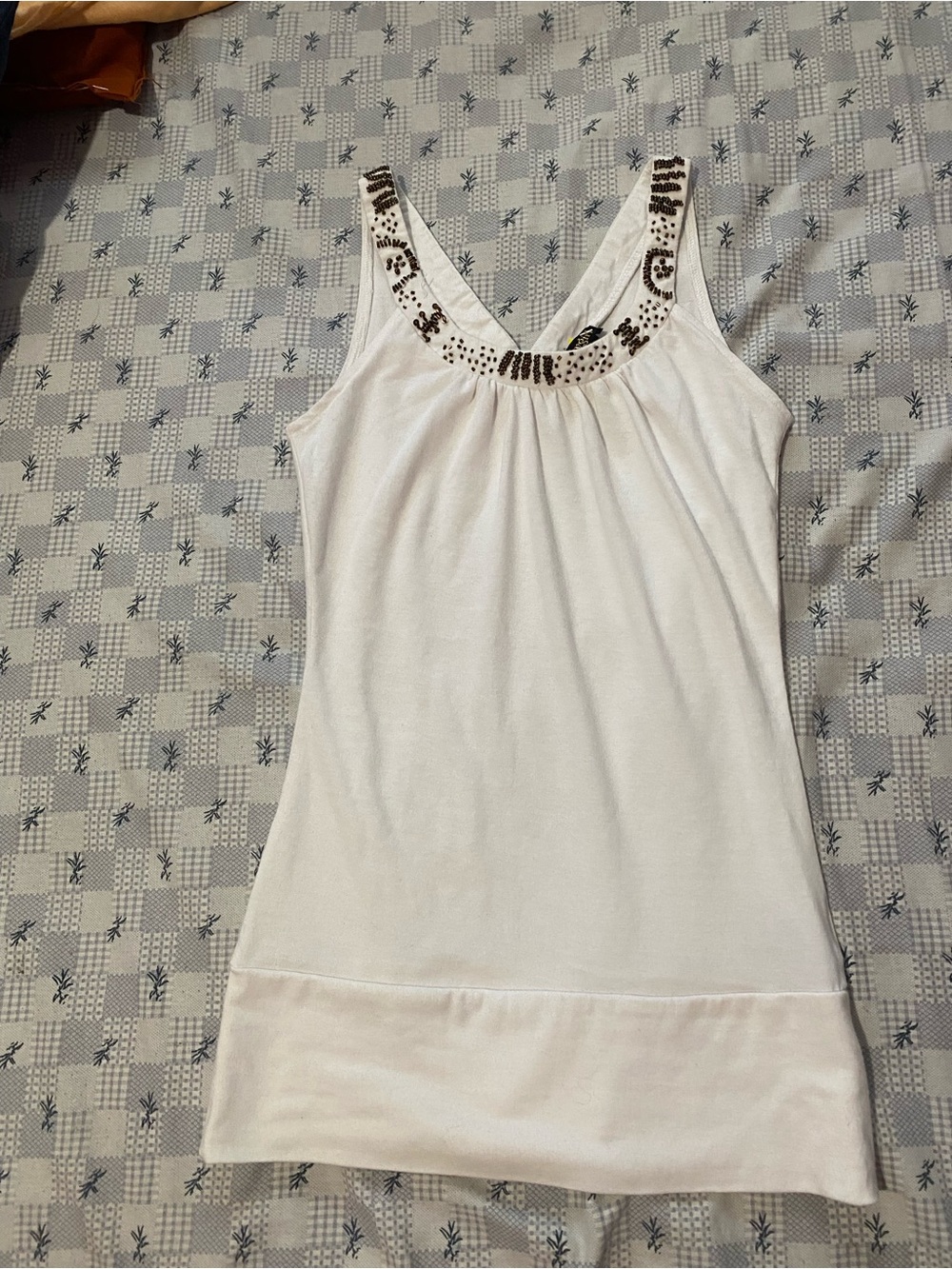 White Embellished Scoop Neck Beaded Tank Top